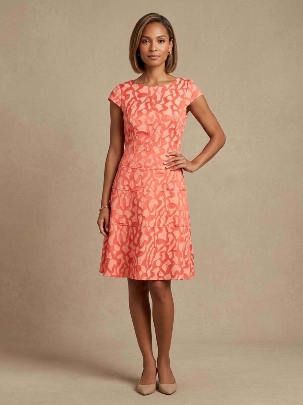 Women's Coral Cap-Sleeve Fit-and-Flare Formal Jacquard Summer Dress Sizs 2
